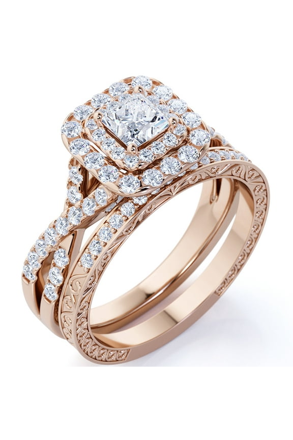1.25 ct - Square Moissanite - Double Halo - Twisted Band - Vintage Inspired - Pave - Wedding Ring Set in 18K Rose Gold Plated for Women