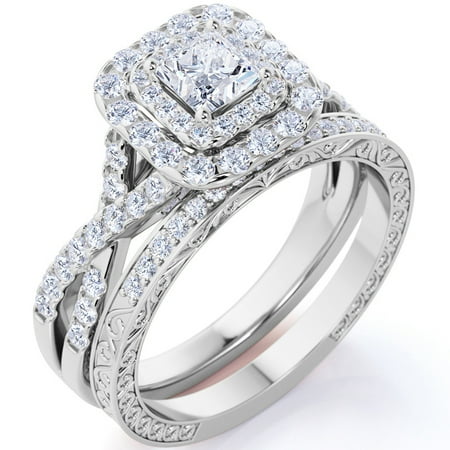 JeenMata 1.25 Carat Square Moissanite Engagement Ring for Women, Double Halo Bridal Wedding Ring Set with Twisted Band in 18K White Gold Plated