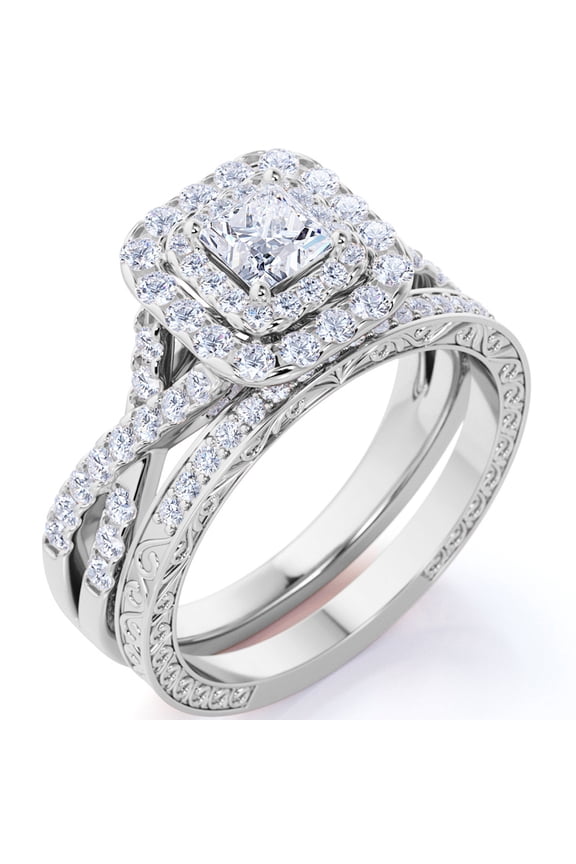 1.25 Carat Square Moissanite Engagement Ring for Women, Double Halo Bridal Wedding Ring Set with Twisted Band in 18K White Gold Plated