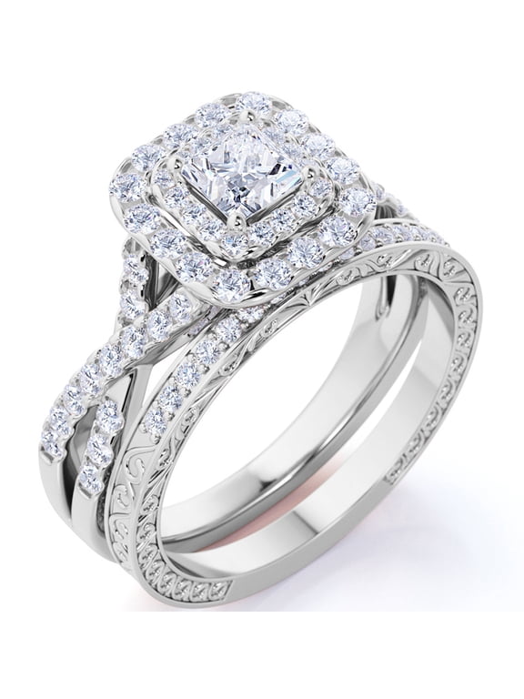1.25 Carat Square Moissanite Engagement Ring for Women, Double Halo Bridal Wedding Ring Set with Twisted Band in 18K White Gold Plated