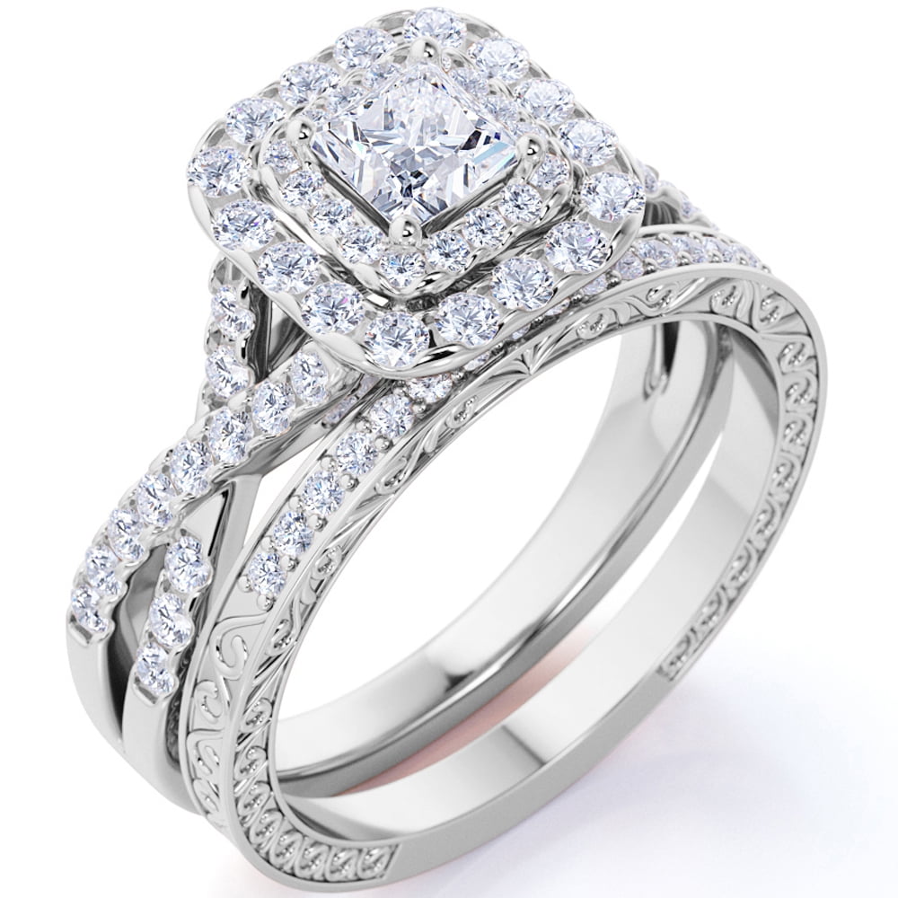 JeenMata 1.25 Carat Square Moissanite Engagement Ring for Women, Double Halo Bridal Wedding Ring Set with Twisted Band in 18K White Gold Plated