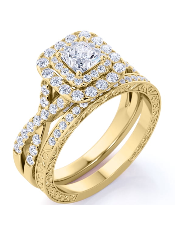 1.25 Carat Square Moissanite Engagement Ring for Women, Double Halo Bridal Wedding Ring Set with Twisted Band in 18K Yellow Gold Plated