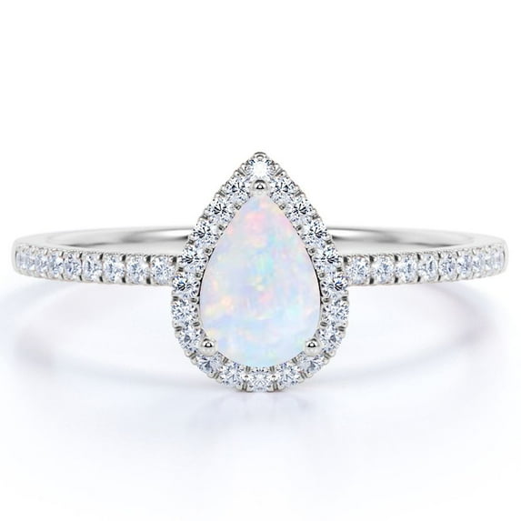 JeenMata 1.25 ct Vintage Pear Shaped Opal and Moissanite Halo Wedding Ring in 18K White Gold over Silver