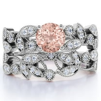 JeenMata 1.34 ct Vintage Round Pink created morganite & Moissanite Flower Wedding Ring Set in 18K White Gold over Silver