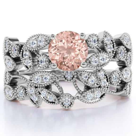 JeenMata 1.34 ct Vintage Round Pink created morganite & Moissanite Flower Wedding Ring Set in 18K White Gold over Silver