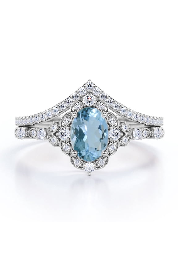 1.35 Carat Chevron Egg Shaped Sky Blue Created Aquamarine And Moissanite Pave Cluster Wedding Ring Set In 18K White Gold Plating Over Silver