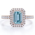 thumbnail image 1 of JeenMata 1.35 Carat Emerald Cut Seafoam Created Aquamarine and Moissanite - Pave Design - Double Halo Engagement Ring - 18K Rose Gold Plating over Silver, 1 of 6