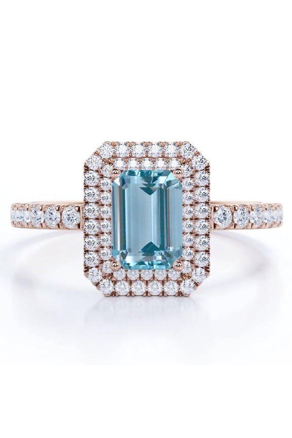 1.35 Carat Emerald Cut Seafoam Created Aquamarine and Moissanite - Pave Design - Double Halo Engagement Ring - 18K Rose Gold Plating over Silver