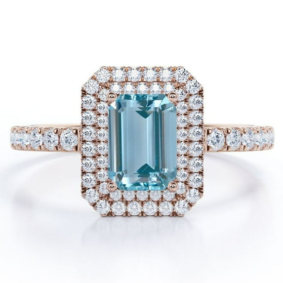 JeenMata 1.35 Carat Emerald Cut Seafoam Created Aquamarine and Moissanite - Pave Design - Double Halo Engagement Ring - 18K Rose Gold Plating over Silver