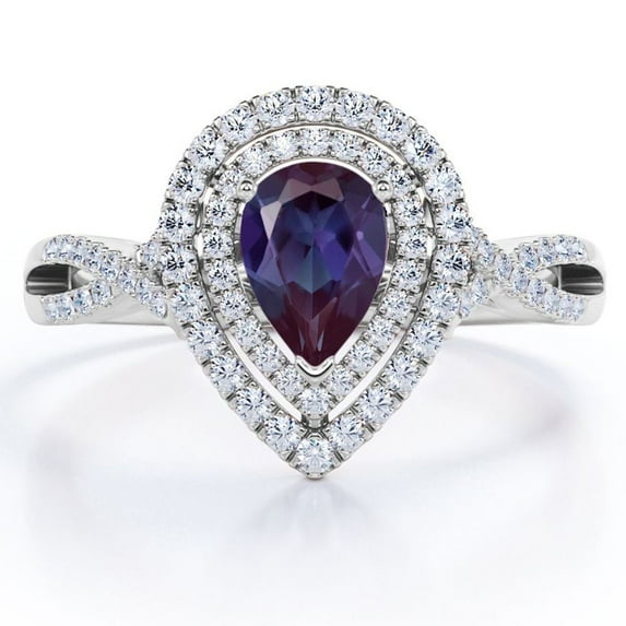 JeenMata 1.5 Carat Almond Shaped Lab Created Alexandrite and Moissanite - Crossover Pave - Double Halo Design Engagement Ring - 18K White Gold Plating over Silver