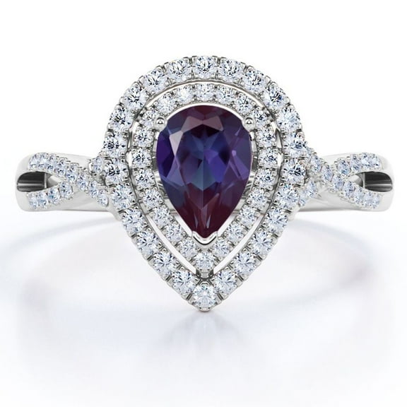 JeenMata 1.5 Carat Almond Shaped Lab Created Alexandrite and Moissanite - Crossover Pave - Double Halo Design Engagement Ring - 18K White Gold Plating over Silver
