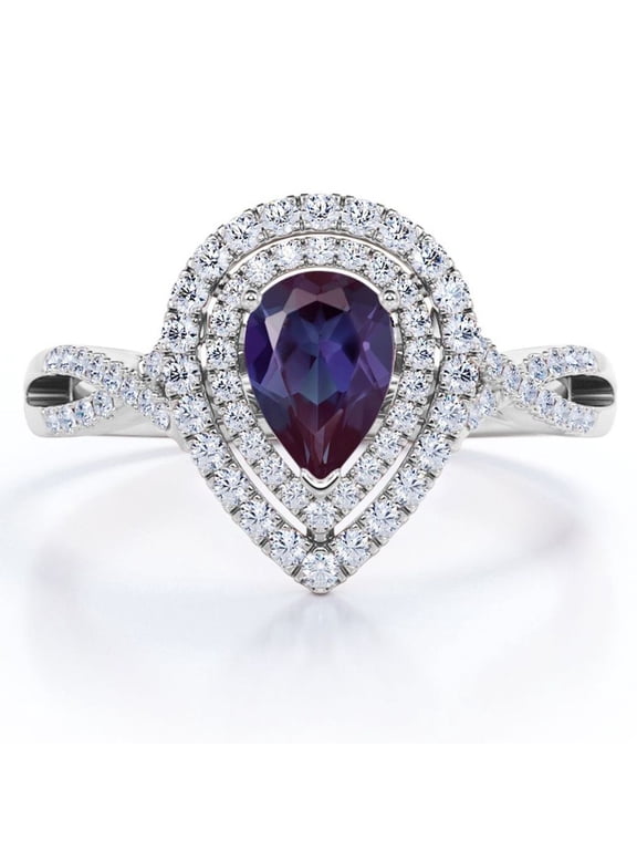 1.5 Carat Almond Shaped Lab Created Alexandrite and Moissanite - Crossover Pave - Double Halo Design Engagement Ring - 18K White Gold Plating over Silver