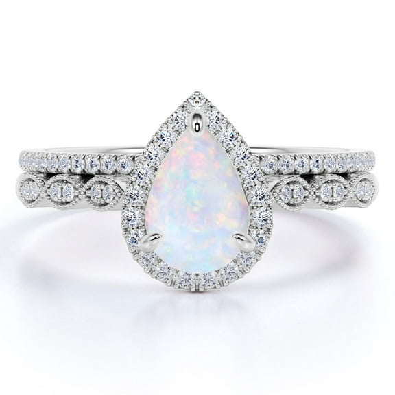 JeenMata 1.5 Carat Antique Pear Shaped Opal and Moissanite Wedding Ring Set in 18K White Gold over Silver