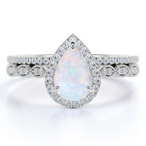 JeenMata 1.5 Carat Antique Pear Shaped Opal and Moissanite Wedding Ring Set in 18K White Gold over Silver