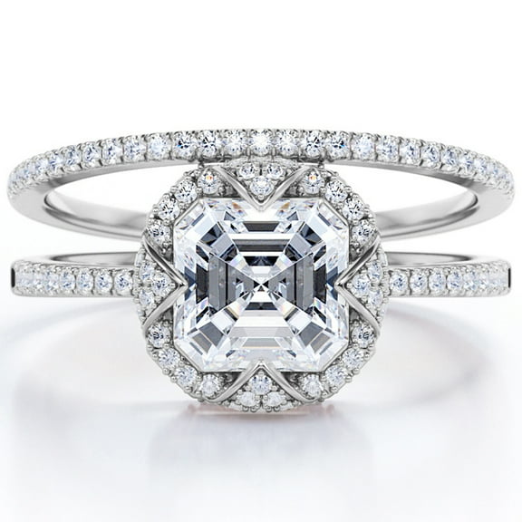 JeenMata 1.5 Carat Cathedral Pave Cushion Cut Moissanite Octagon Halo Art Deco Wedding Ring Set in 18K White Gold Plating Over Silver