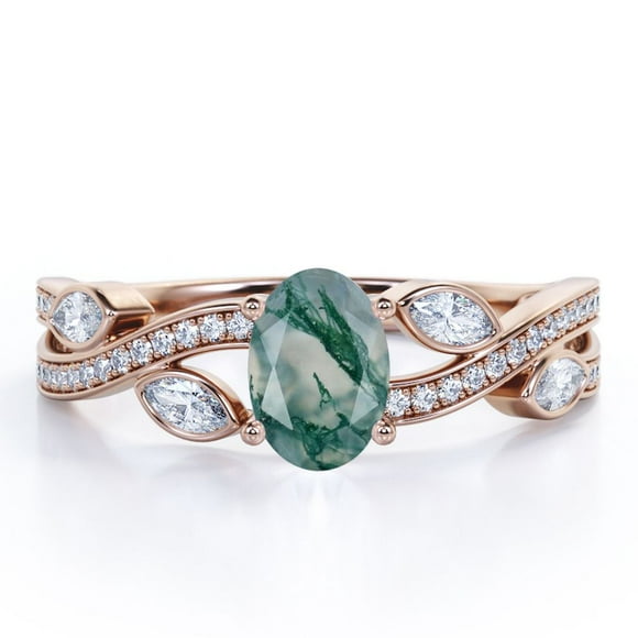1.5 Carat Crossover Oval Shaped Opaque Milky Moss Green Agate And Moissanite Pave-Channel Bezel Filigree Engagement Ring In 18K Rose Gold Plating Over Silver