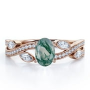 JeenMata 1.5 Carat Crossover Oval Shaped Opaque Milky Moss Green Agate And Moissanite Pave-Channel Bezel Filigree Engagement Ring In 18K Rose Gold Plating Over Silver