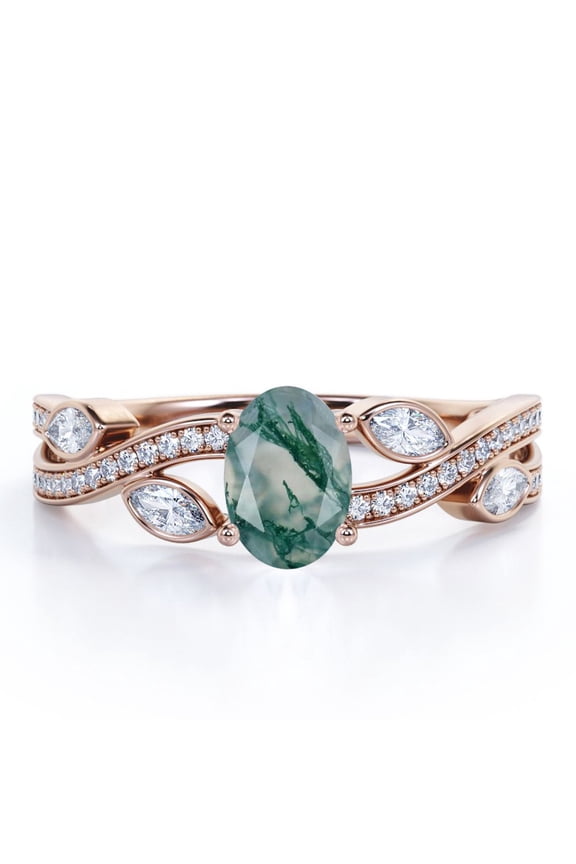 1.5 Carat Crossover Oval Shaped Opaque Milky Moss Green Agate And Moissanite Pave-Channel Bezel Filigree Engagement Ring In 18K Rose Gold Plating Over Silver
