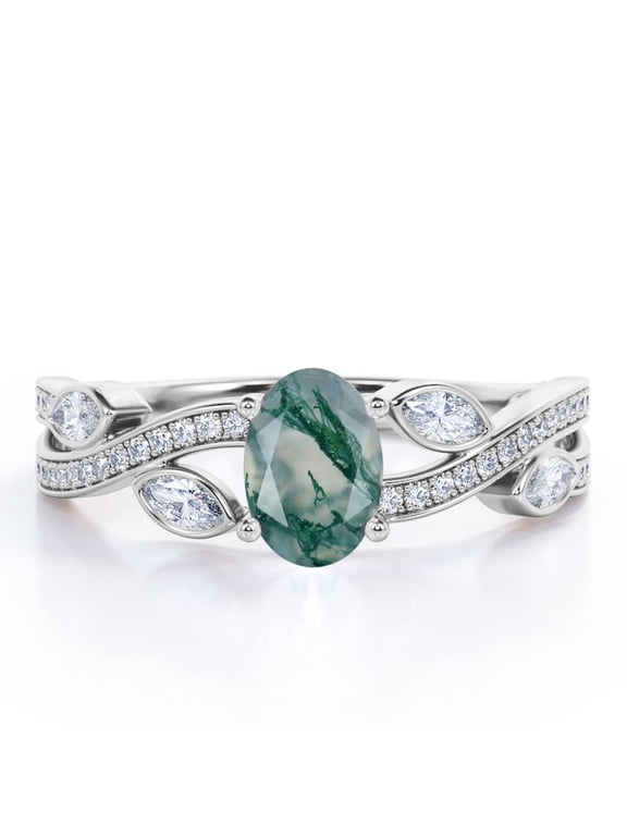 1.5 Carat Crossover Oval Shaped Opaque Milky Moss Green Agate And Moissanite Pave-Channel Bezel Filigree Engagement Ring In 18K White Gold Plating Over Silver