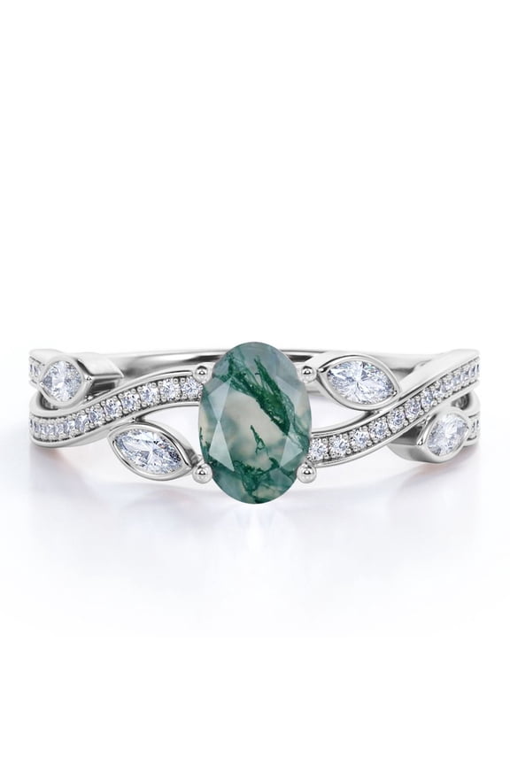 1.5 Carat Crossover Oval Shaped Opaque Milky Moss Green Agate And Moissanite Pave-Channel Bezel Filigree Engagement Ring In 18K White Gold Plating Over Silver