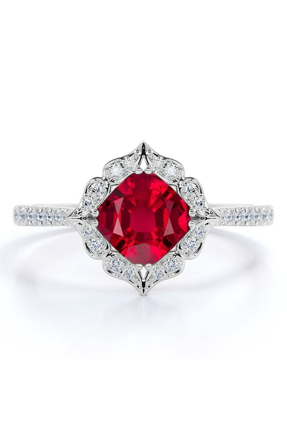 1.5 Carat Cushion Cut Handmade Blood Red Lab Created Ruby Engagement Ring in 18k White Gold over Silver