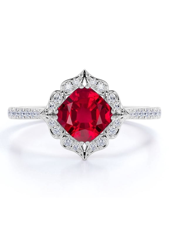 1.5 Carat Cushion Cut Handmade Blood Red Lab Created Ruby Engagement Ring in 18k White Gold over Silver