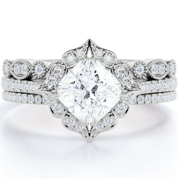 JeenMata 1.5 Carat Cushion Cut Moissanite and Diamond Halo Engagement Ring Trio Set in 10k White Gold