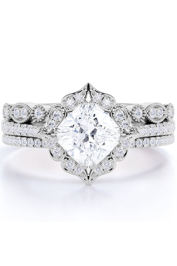 1.5 Carat Cushion Cut Moissanite and Diamond Halo Engagement Ring Trio Set in 10k White Gold