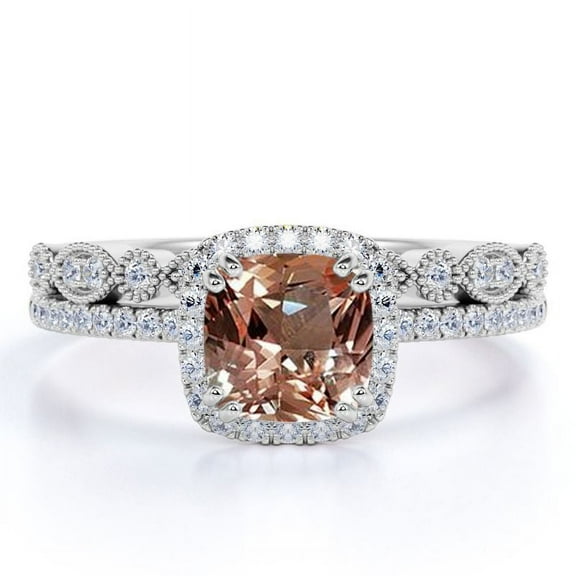 JeenMata 1.5 Carat Cushion cut created morganite and Moissanite Bridal Wedding Ring Set with Engagement Ring and Wedding Band in 18k Gold Over Silver