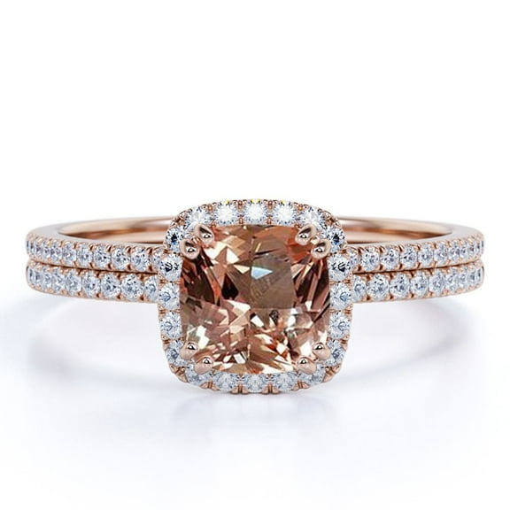 JeenMata 1.5 Carat Cushion cutcreated morganite and Moissanite Bridal Wedding Ring Set with Engagement Ring and Wedding Band in 18k Gold Over Silver