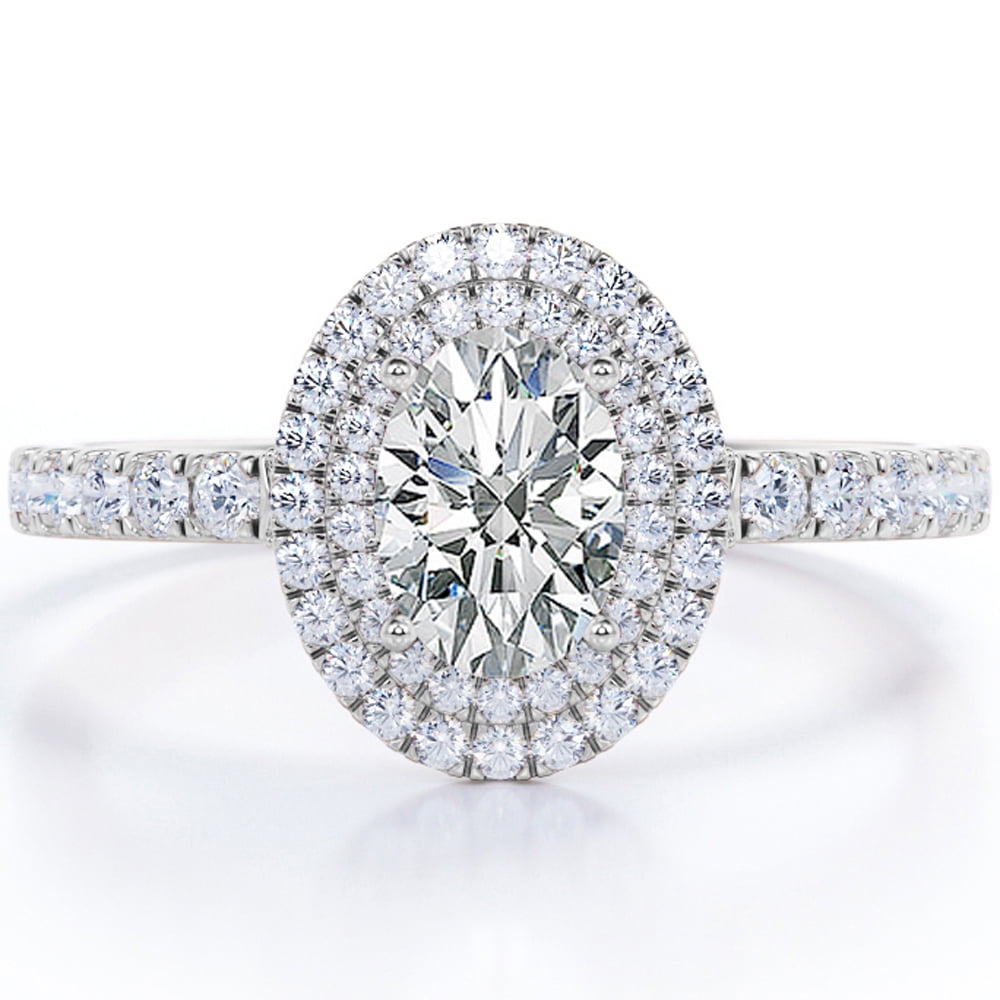 JeenMata 1.5 Carat Egg Shaped Moissanite - Duo Halo Set - Pave Style Engagement Ring - 18K White Gold Plating over Silver