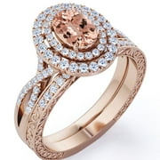 JeenMata 1.5 Carat Egg Shaped created morganite and Moissanite - Edwardian Band - Double Halo Infinity Wedding Ring Set - 18K Rose Gold Plating over Silver