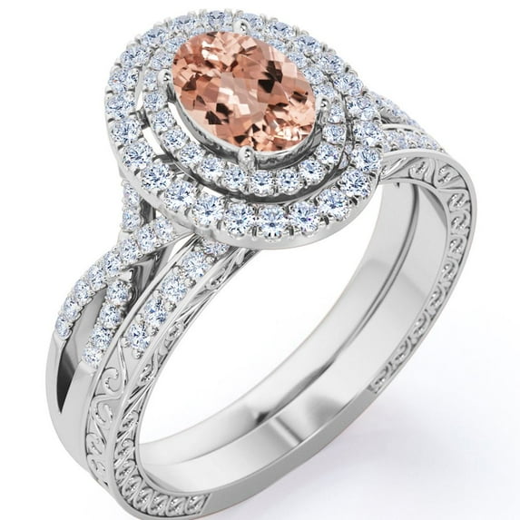 JeenMata 1.5 Carat Egg Shaped created morganite and Moissanite - Edwardian Band - Double Halo Infinity Wedding Ring Set - 18K White Gold Plating over Silver
