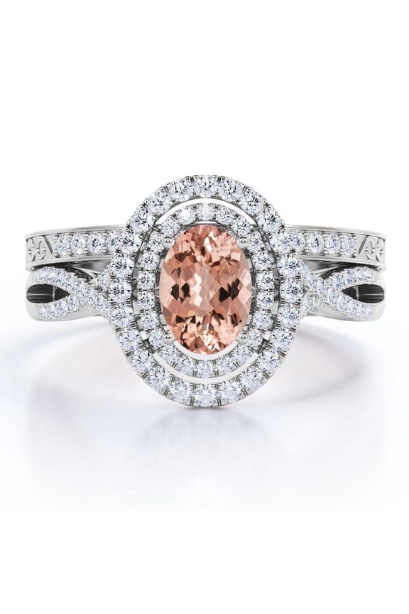 1.5 Carat Egg Shaped created morganite and Moissanite - Edwardian Band - Double Halo Infinity Wedding Ring Set - 18K White Gold Plating over Silver