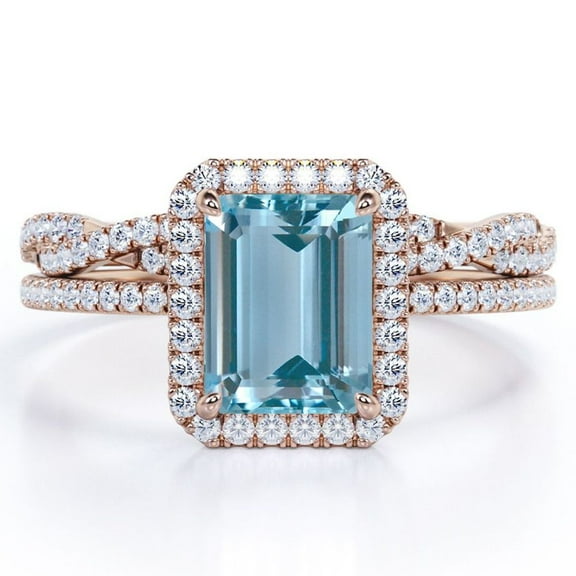 JeenMata 1.5 Carat Emerald Cut Created Aquamarine and Moissanite - 4 Prong Halo Set - Twisted Pave Wedding Ring Set - 18K Rose Gold Plating over Silver