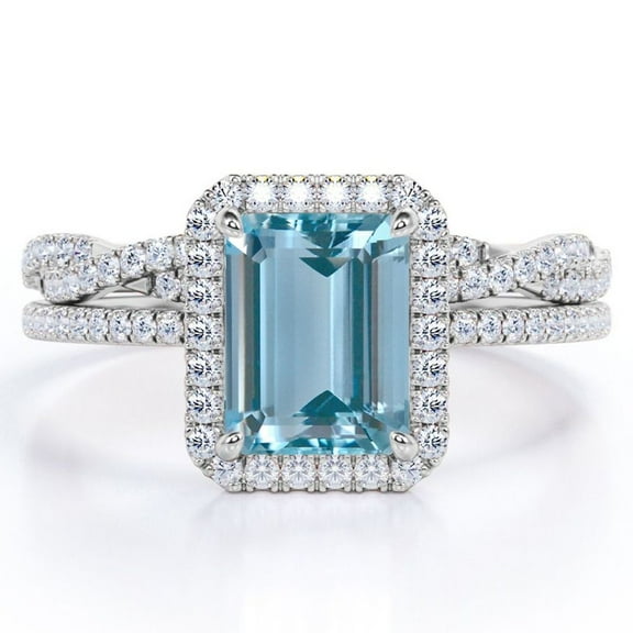 JeenMata 1.5 Carat Emerald Cut Created Aquamarine and Moissanite - 4 Prong Halo Set - Twisted Pave Wedding Ring Set - 18K White Gold Plating over Silver