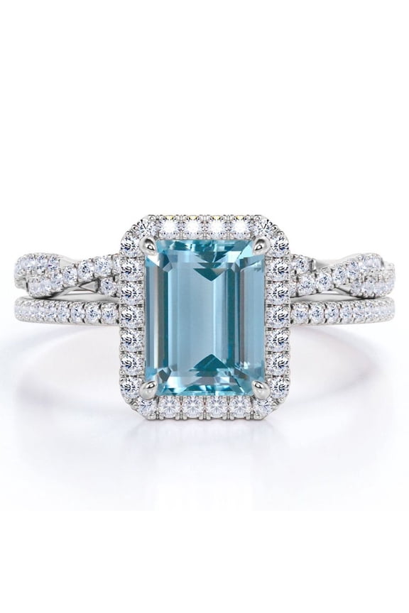1.5 Carat Emerald Cut Created Aquamarine and Moissanite - 4 Prong Halo Set - Twisted Pave Wedding Ring Set - 18K White Gold Plating over Silver