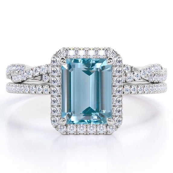 JeenMata 1.5 Carat Emerald Cut Created Aquamarine and Moissanite - 4 Prong Halo Set - Twisted Pave Wedding Ring Set - 18K White Gold Plating over Silver