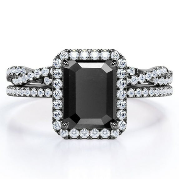 JeenMata 1.5 Carat Emerald Cut Lab Grown Black Diamond and Moissanite - 4 Prong Halo Set - Twisted Pave Wedding Ring Set - 18K Black Gold Plating over Silver