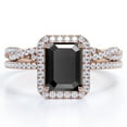 thumbnail image 1 of JeenMata 1.5 Carat Emerald Cut Lab Grown Black Diamond and Moissanite - 4 Prong Halo Set - Twisted Pave Wedding Ring Set - 18K Rose Gold Plating over Silver, 1 of 7