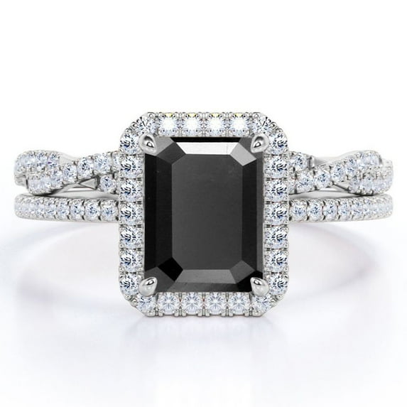 JeenMata 1.5 Carat Emerald Cut Lab Grown Black Diamond and Moissanite - 4 Prong Halo Set - Twisted Pave Wedding Ring Set - 18K White Gold Plating over Silver