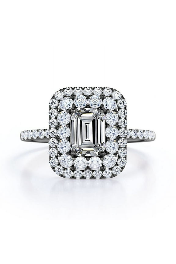 1.5 Carat Emerald Cut Moissanite Engagement Ring - Bridal Ring - Double Halo Ring - Cluster Ring - 18k Black Gold Plating for Women