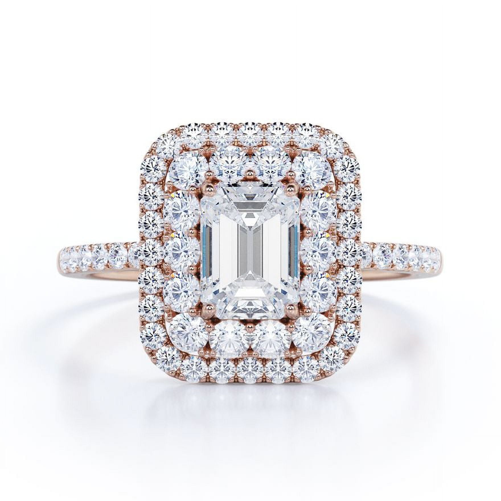 JeenMata 1.5 Carat Emerald Cut Moissanite Engagement Ring - Bridal Ring - Double Halo Ring - Cluster Ring - 18k Rose Gold Plating for Women