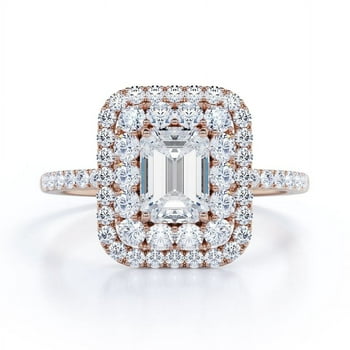 JeenMata 1.5 Carat Emerald Cut Moissanite Engagement Ring - Bridal Ring - Double Halo Ring - Cluster Ring - 18k Rose Gold Over Silver