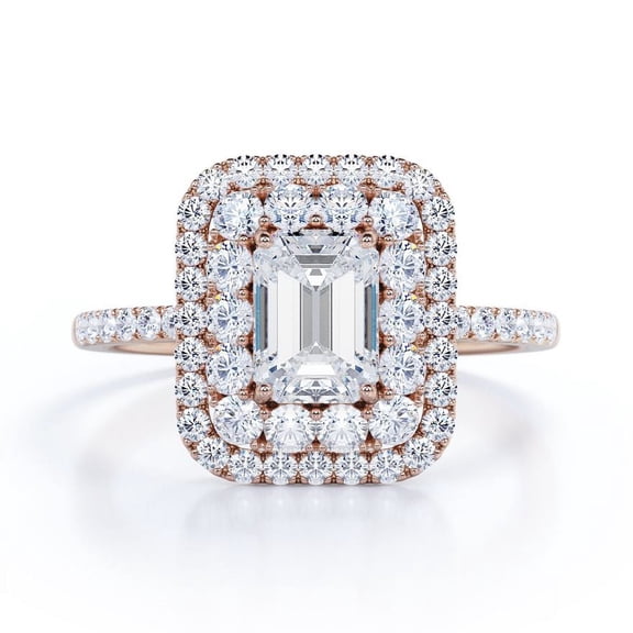 JeenMata 1.5 Carat Emerald Cut Moissanite Engagement Ring - Bridal Ring - Double Halo Ring - Cluster Ring - 18k Rose Gold Plating for Women