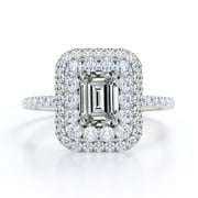 JeenMata 1.5 Carat Emerald Cut Moissanite Engagement Ring - Bridal Ring - Double Halo Ring - Cluster Ring - 18k White Gold Over Silver