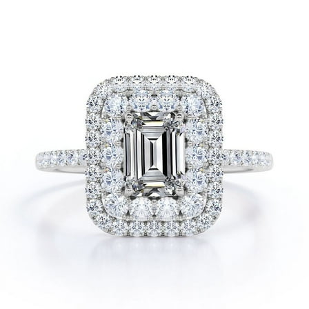 JeenMata 1.5 Carat Emerald Cut Moissanite Engagement Ring - Bridal Ring - Double Halo Ring - Cluster Ring - 18k White Gold Plating for Women