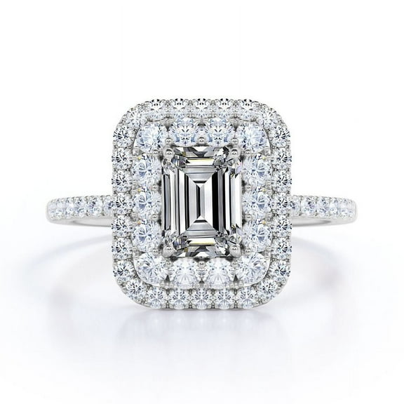 JeenMata 1.5 Carat Emerald Cut Moissanite Engagement Ring - Bridal Ring - Double Halo Ring - Cluster Ring - 18k White Gold Over Silver