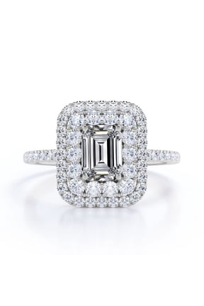1.5 Carat Emerald Cut Moissanite Engagement Ring - Bridal Ring - Double Halo Ring - Cluster Ring - 18k White Gold Plating for Women
