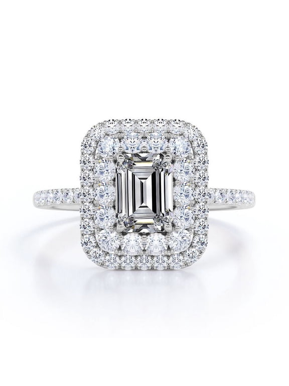 1.5 Carat Emerald Cut Moissanite Engagement Ring - Bridal Ring - Double Halo Ring - Cluster Ring - 18k White Gold Plating for Women